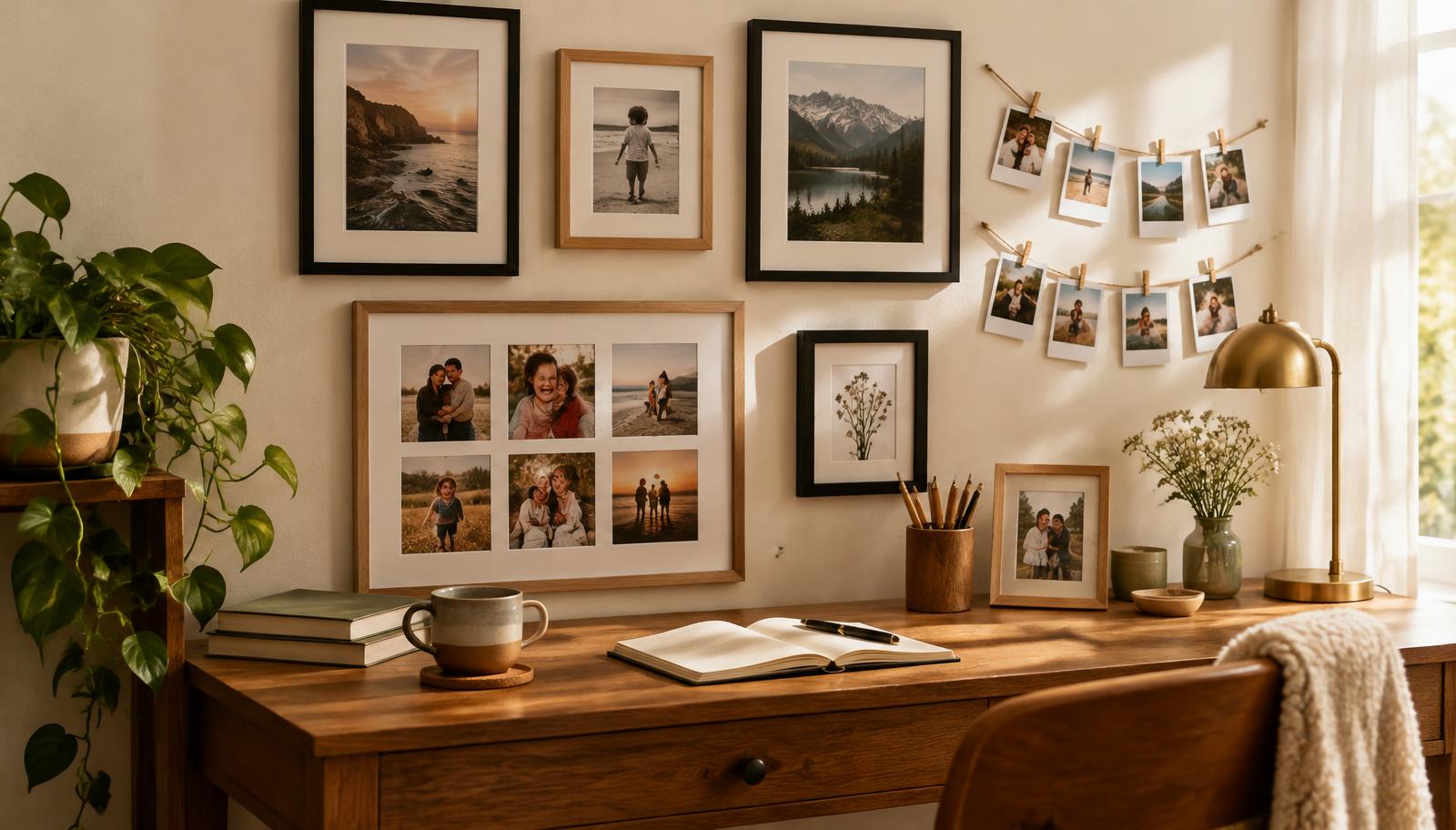 Warm desk with a wall of framed family photos and hanging polaroids